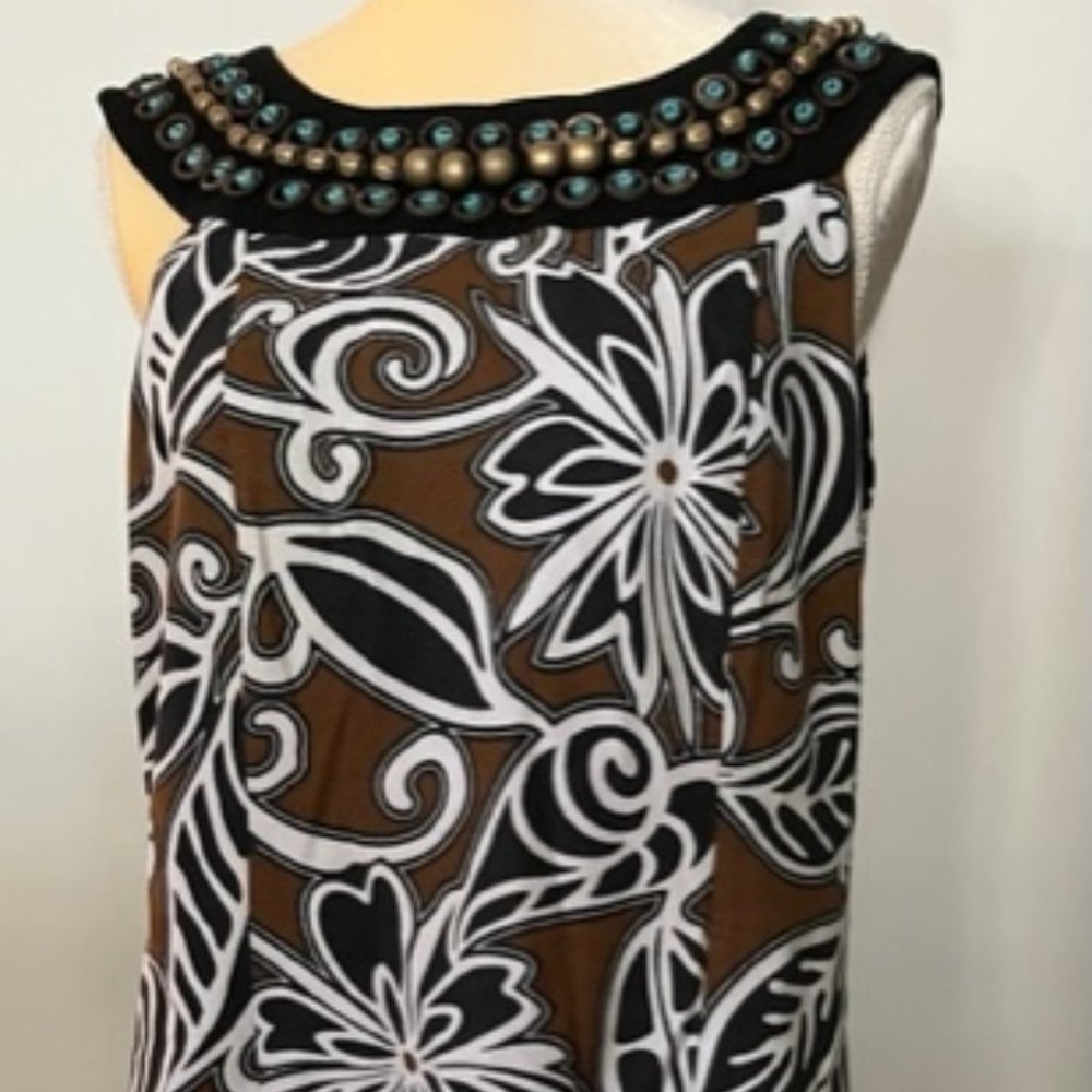 W D N Y Brown and black sleeveless dress with beaded yoke neckline
